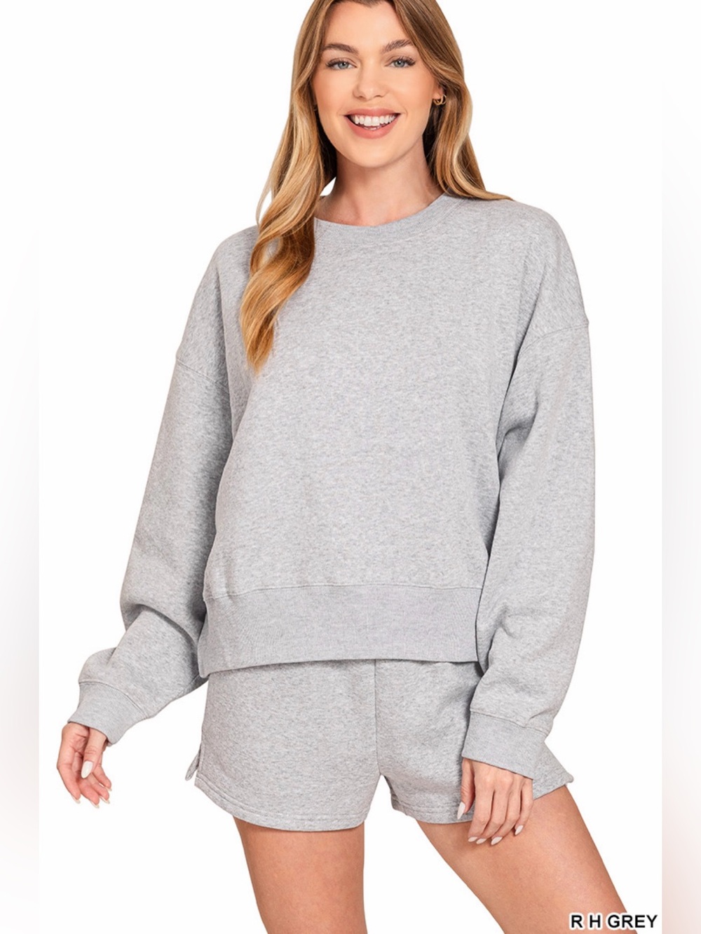Zenana Outfitters Light Heather Gray Relaxed Crewneck Sweatshirt & Short Set
